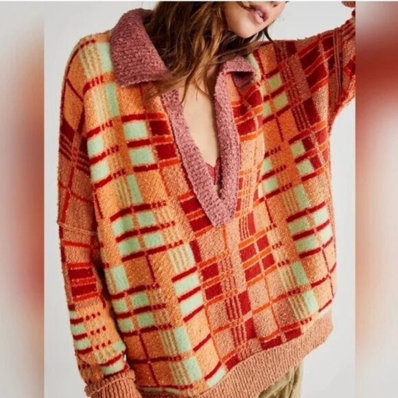 Free People Ruben Autumn Sunset Combo Plaid Oversized Sweater size M - Picture 2 of 9